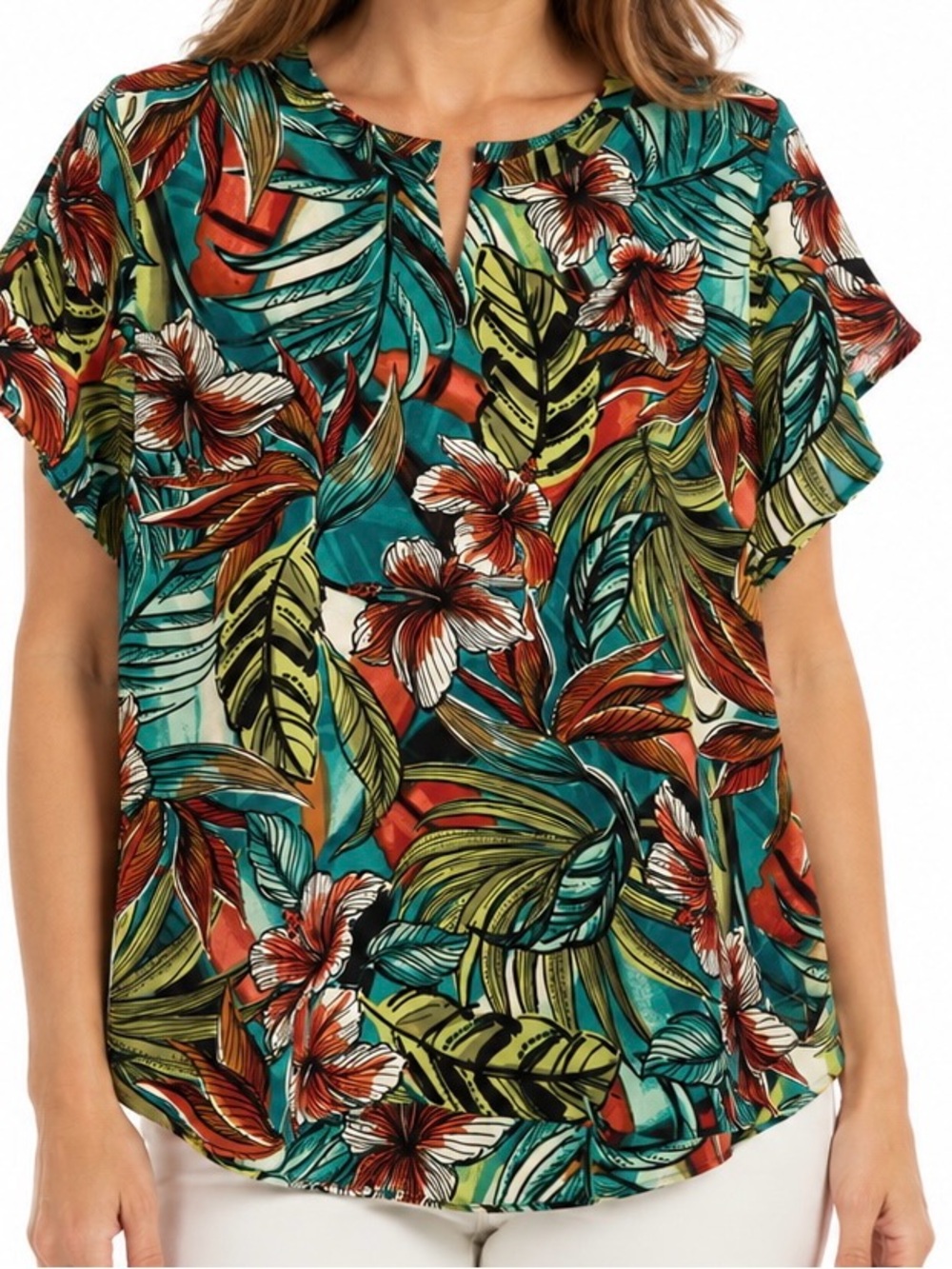 LOFT Outlet Womens M Tropical Floral Blouse Teal Coral Dolman Sleeve Keyhole